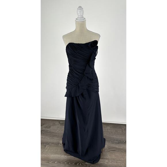 Andrew Adela Formal Evening Dress Womens Size 12/14 Chiffon Rosette Navy Blue - Picture 1 of 14